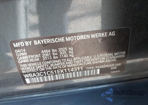 2014 BMW 328I из США, поврежденный, VIN WBA3C1C51EK114311